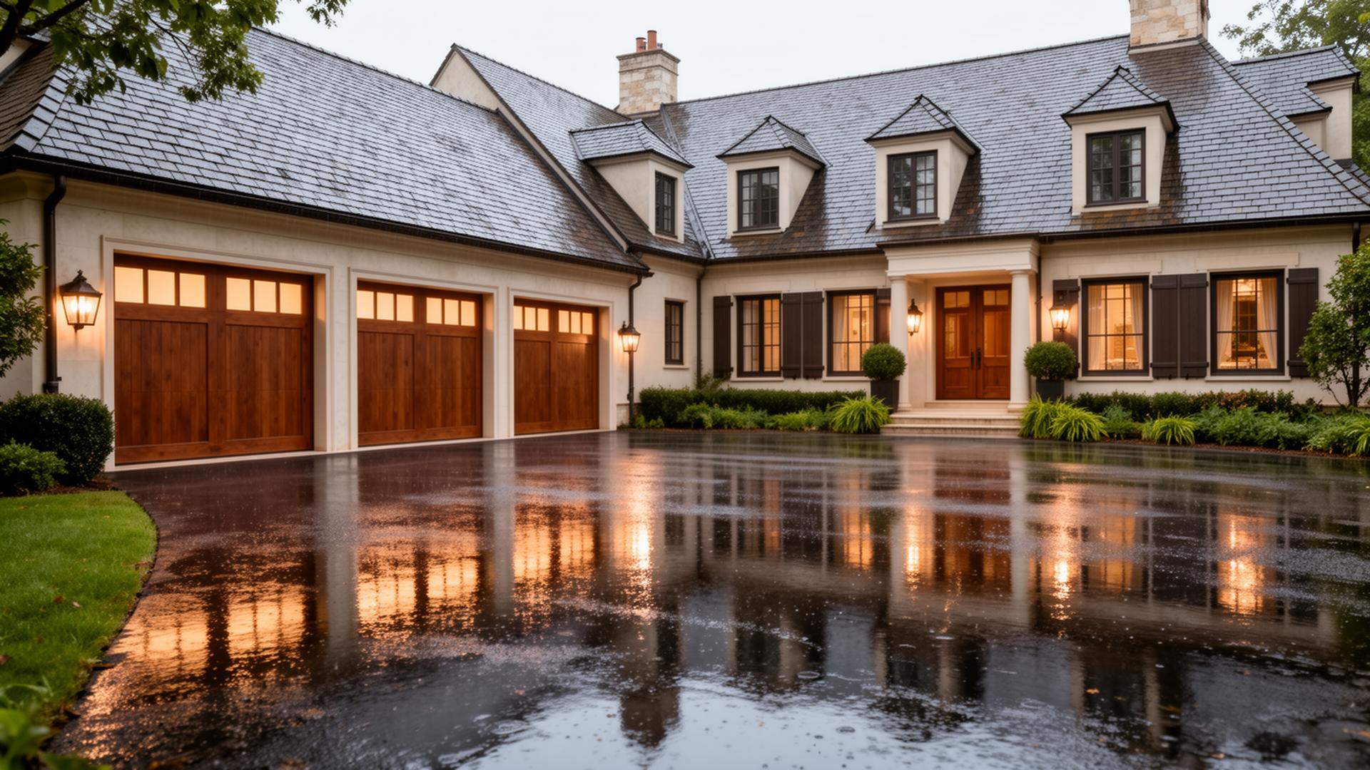 Beautiful French country estate with craftsman style garage doors featuring rectangular windows, professional garage door installation