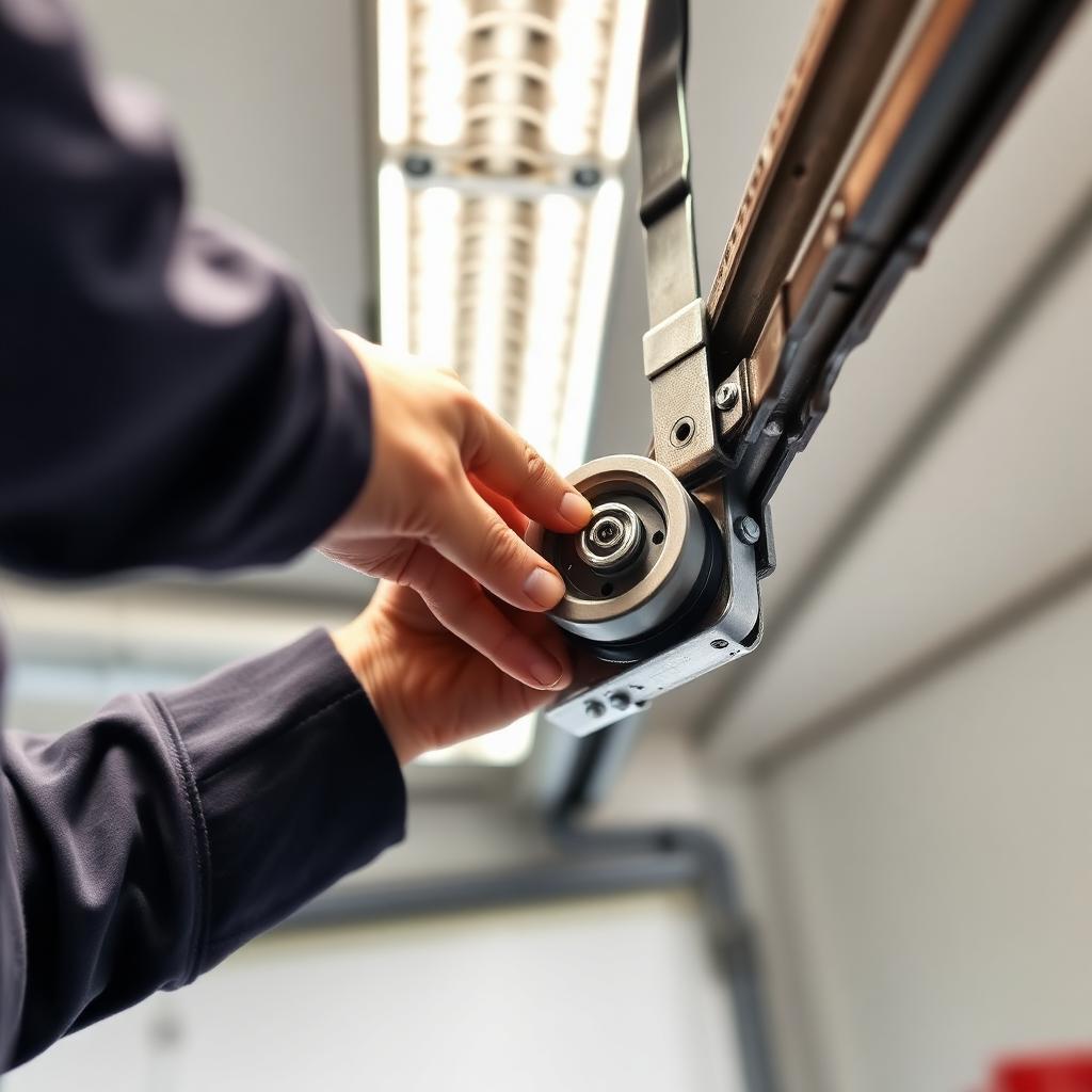 Professional technician repairing garage door roller mechanism showing quality workmanship