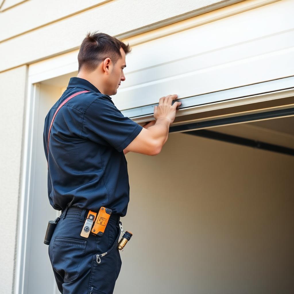 Professional garage door technician installing new garage door panel in residential home
